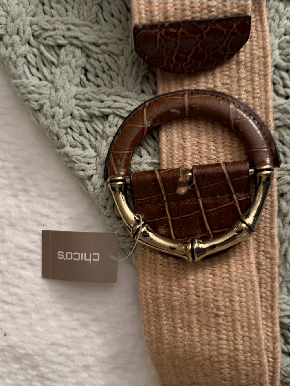 Chico's Brown Croc-Embossed Ring Buckle Woven Tan Belt